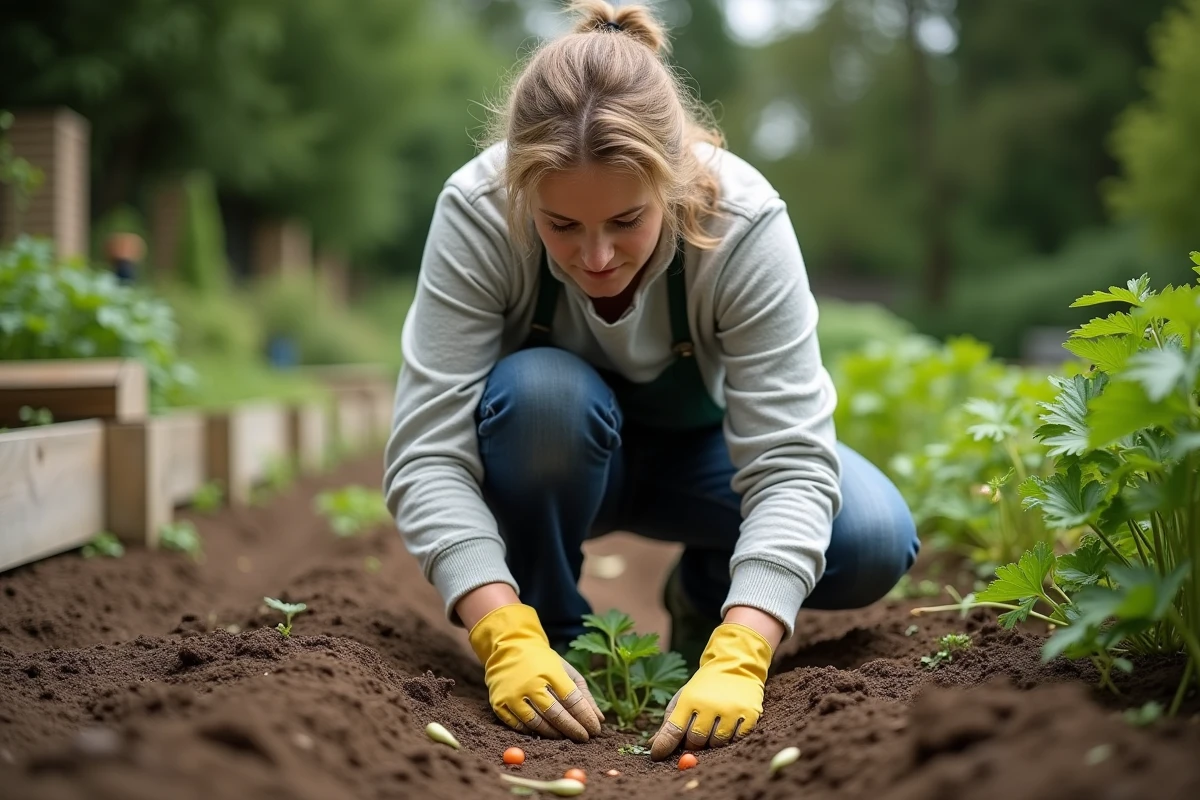 Femme de jardinage examine des déjections de renard dans le potager