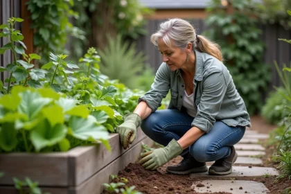 Femme jardinant inspectant des déjections animales dans le jardin