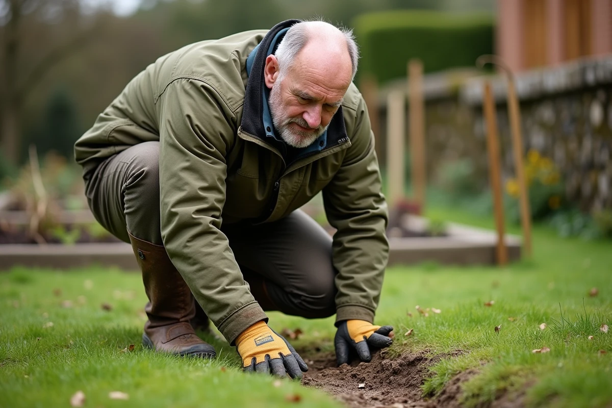 Jardinier examinant des dégâts causés par des sangliers dans un potager résidentiel