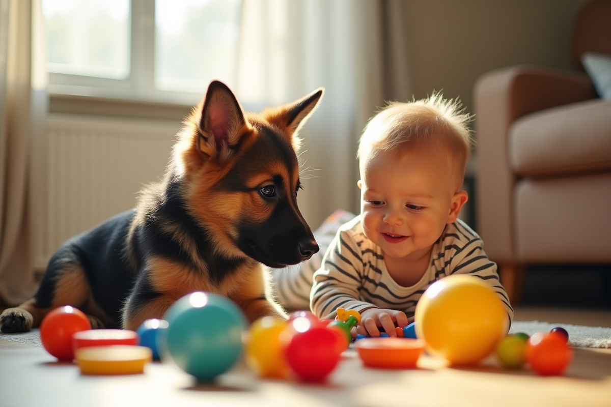 Chiot berger allemand et enfant jouant avec des jouets colorés à l
