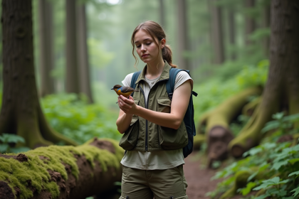Jeune biologiste tenant un oiseau en forêt naturelle