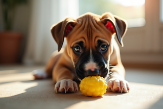 Jeune chiot boxer jouant avec un jouet en caoutchouc dans un salon lumineux