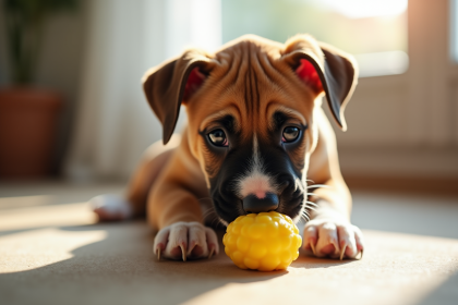 Jeune chiot boxer jouant avec un jouet en caoutchouc dans un salon lumineux