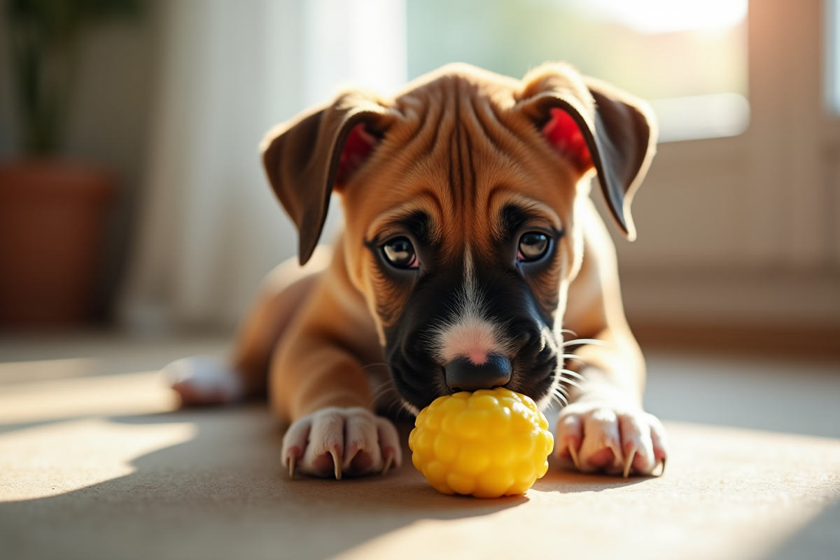 Jeune chiot boxer jouant avec un jouet en caoutchouc dans un salon lumineux