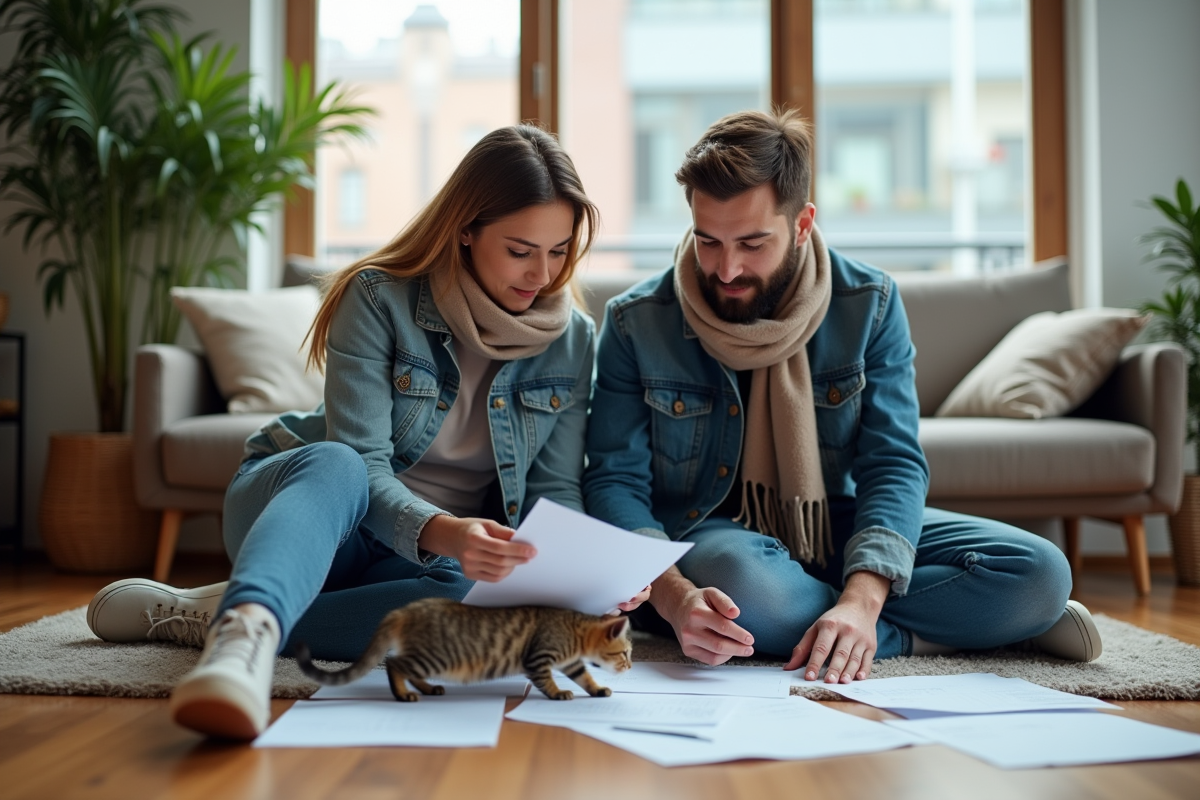 Jeune couple examinant des documents avec un chat dans le salon
