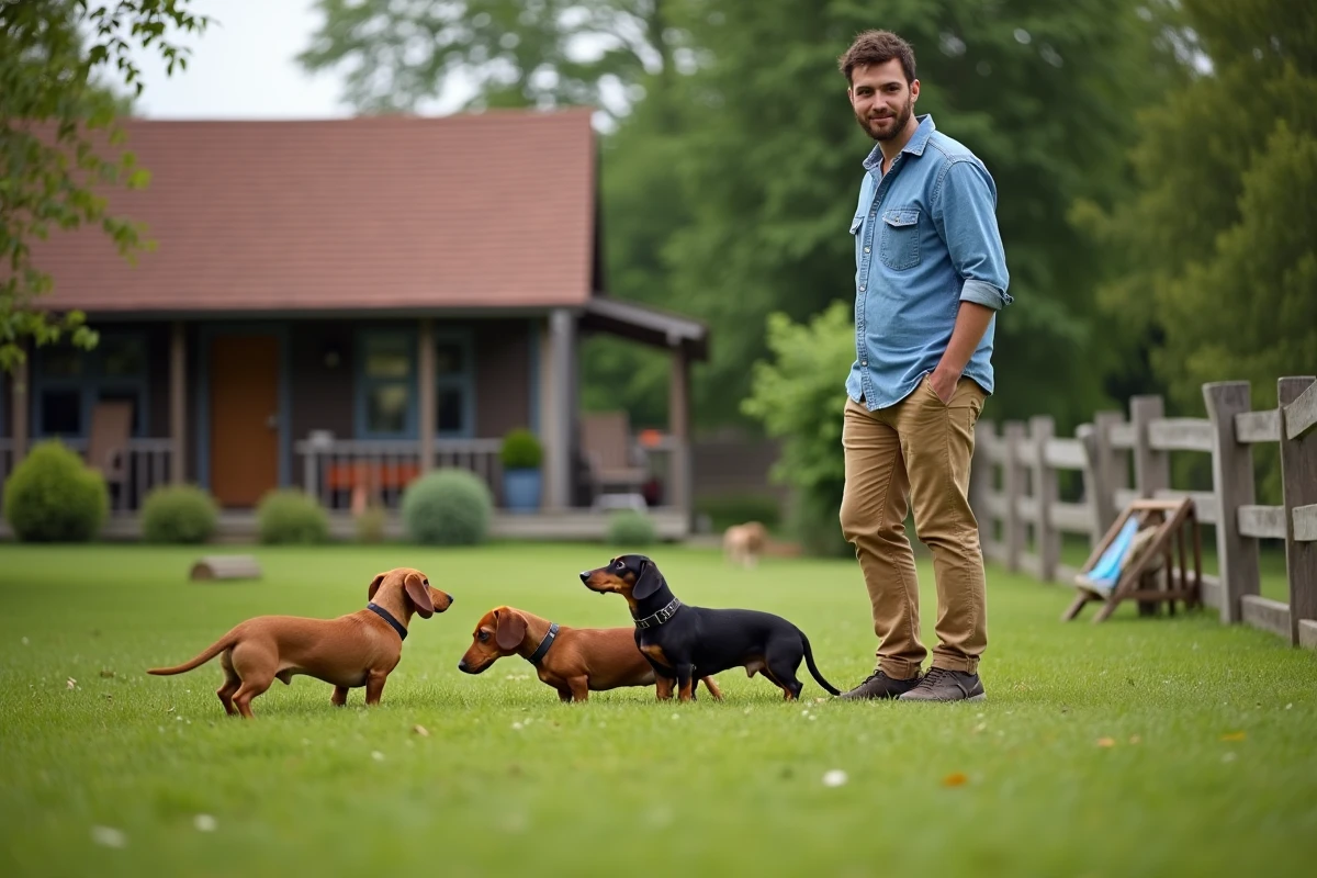Jeune éleveur avec chiens dachshund en extérieur dans un jardin
