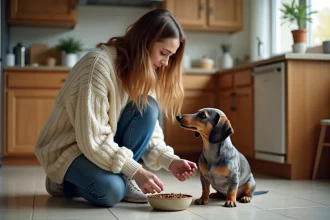Jeune femme avec chien dachshund dans la cuisine chaleureuse