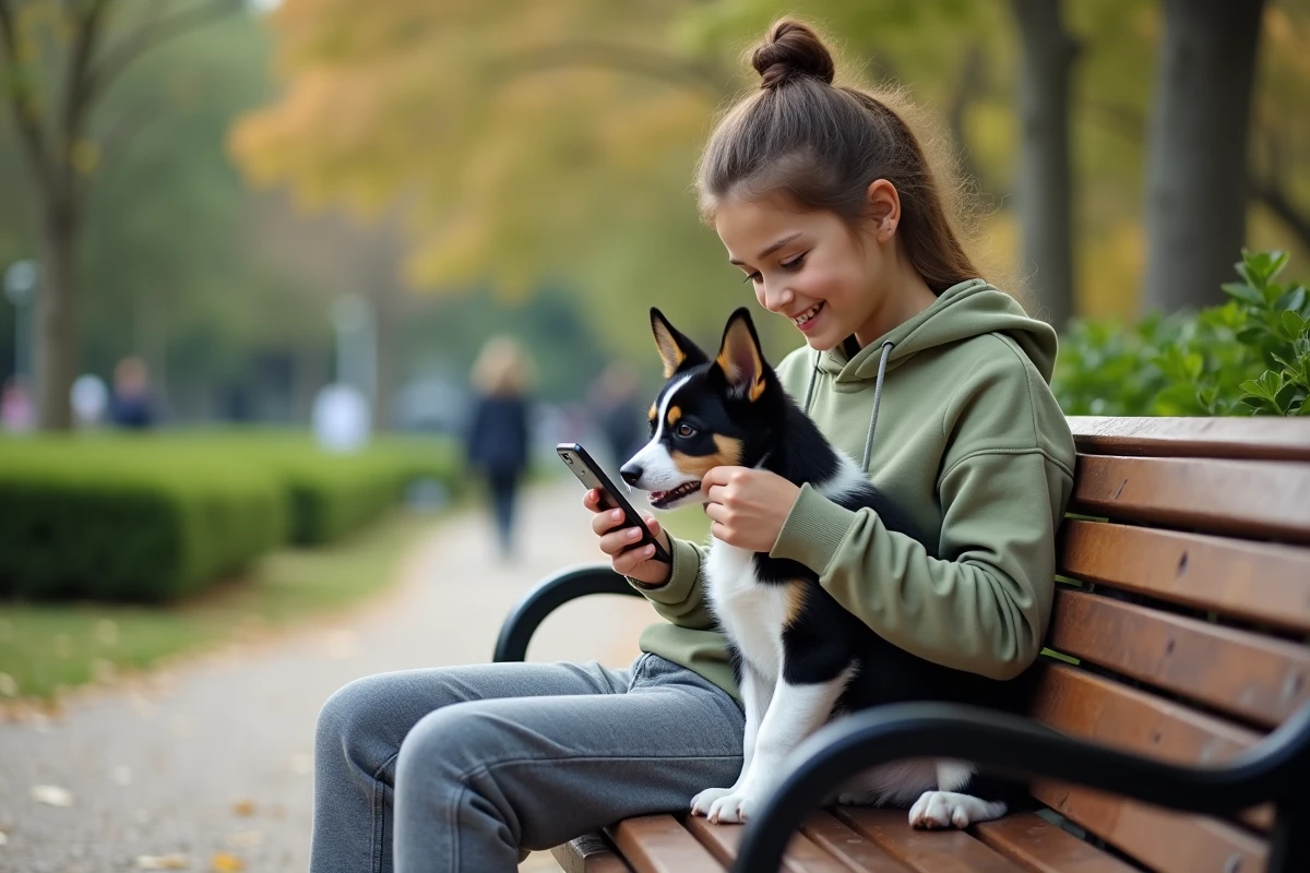 Jeune fille assise sur un banc de parc consultant une application d'actualités animaux sur smartphone avec un chiot border collie curieux à ses côtés
