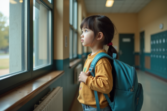Jeune fille d'école regardant par la fenêtre en pensant