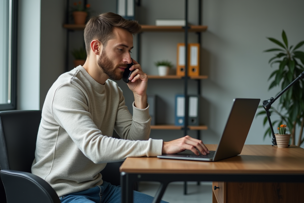 Jeune homme au bureau parle au téléphone en tapant sur son ordinateur