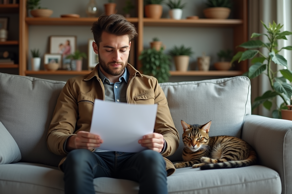 Jeune homme avec chat et documents dans le salon