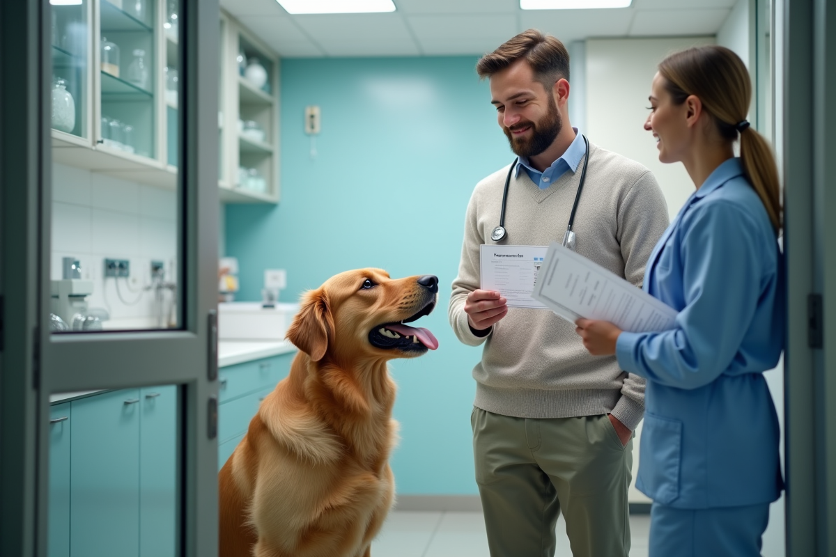 Jeune homme avec chien golden retriever en consultation vétérinaire
