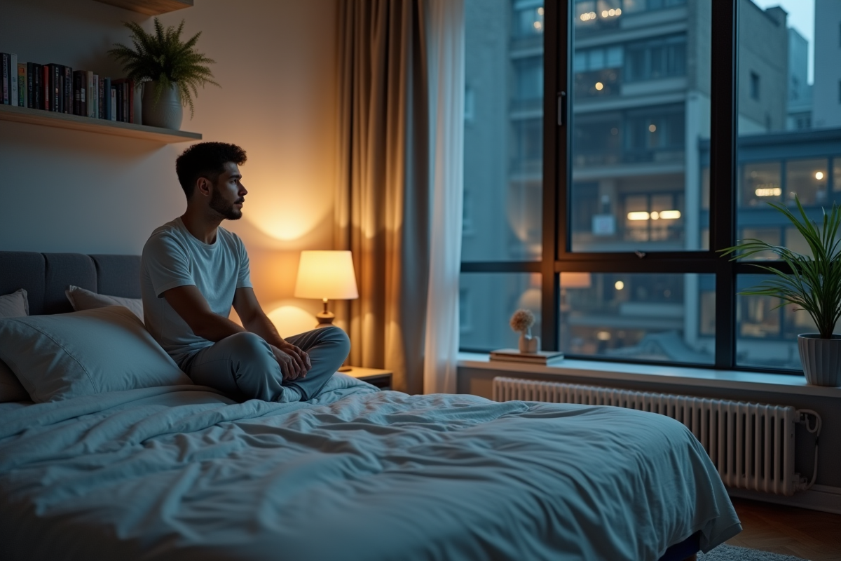 Jeune homme assis sur le lit dans une chambre urbaine moderne