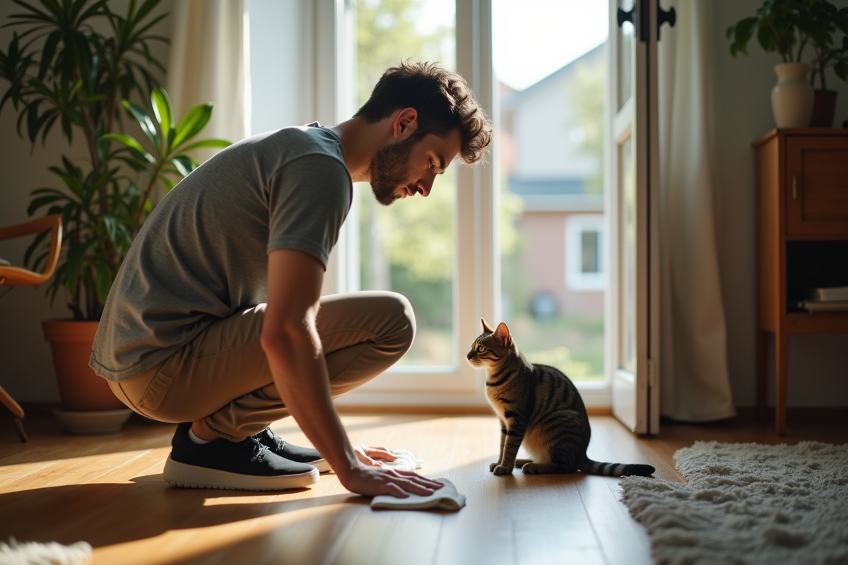 Jeune homme nettoyant un sol en bois avec un chiffon