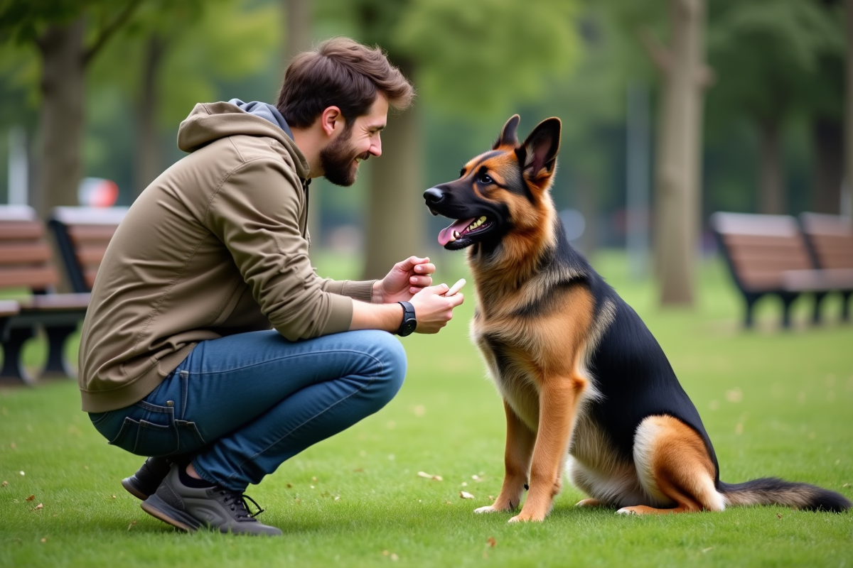 Jeune homme offrant une pilule à son chien dans le parc