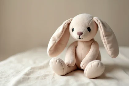 Jouet-lapin en peluche pour animaux de compagnie posé sur une surface en lin naturel, détails de couture visibles et couleurs pastels douces