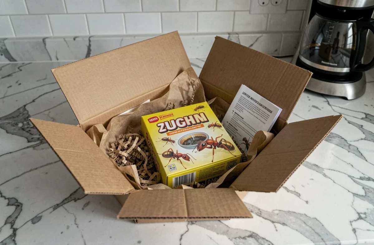 Kit fourmilière emballé comme cadeau dans une boîte de livraison ouverte sur un comptoir de cuisine, avec livret d'instructions et papier de calage