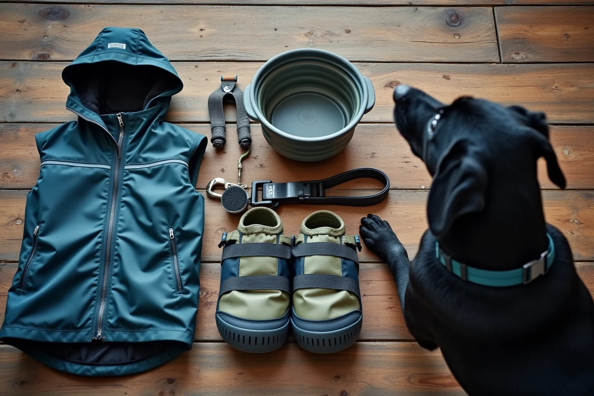 Kit complet de matériel de randonnée pour chien disposé en flat lay sur un plancher de refuge de montagne