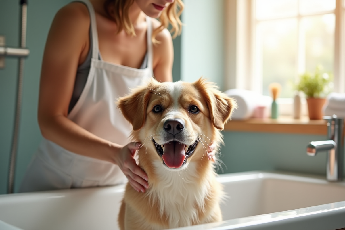 Femme lavant son chien dans une salle de bain moderne lumineuse