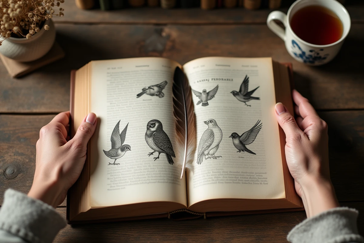 Mains féminines tenant un livre illustré d'oiseaux anciens avec une plume posée sur la page, évoquant la symbolique et la spiritualité des oiseaux