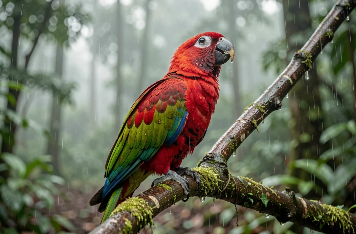 Lori rouge et vert sous la pluie en forêt, tête levée en train de vocaliser