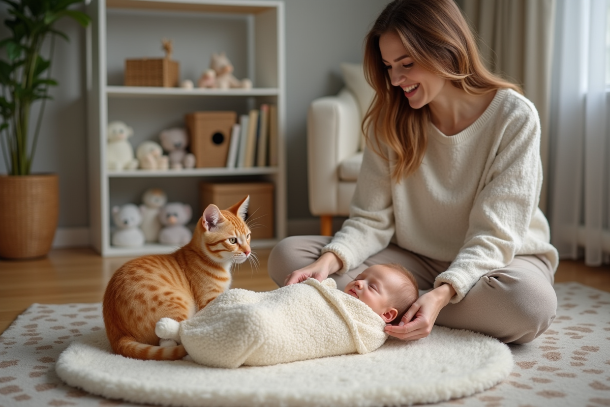 Mère souriante observe son chat près du bébé endormi