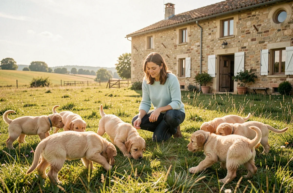 Éleveuse du Mas Annabelle agenouillée dans un pré provençal avec des chiots bergers de Brie dorés autour d'elle, devant une ferme de type mas