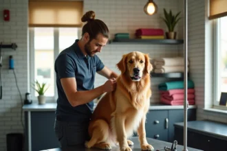 Salon de toilettage canin professionnel en Normandie avec un toiletteur soignant un golden retriever