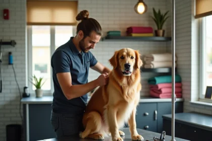 Salon de toilettage canin professionnel en Normandie avec un toiletteur soignant un golden retriever