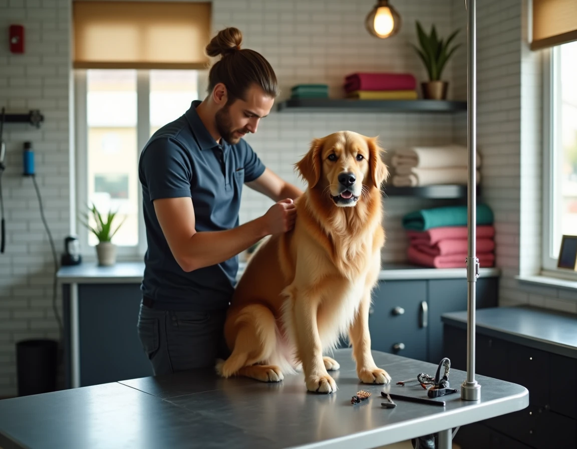 Salon de toilettage canin professionnel en Normandie avec un toiletteur soignant un golden retriever