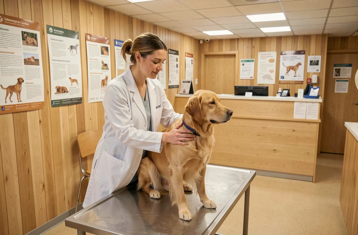 Vétérinaire en blouse blanche examinant un golden retriever dans une clinique vétérinaire moderne des Hauts-de-France