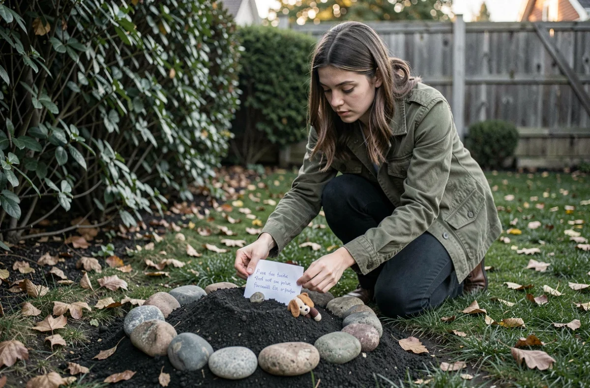 Jeune femme arrangeant un petit mémorial pour son chien dans un jardin, posant une note écrite à la main et un jouet sur une tombe symbolique