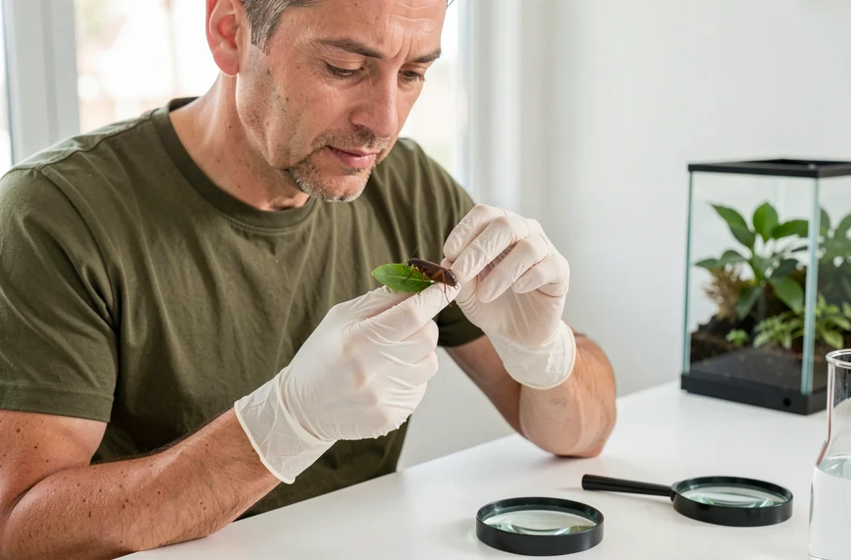 Personne nourrissant à la main un grillon en captivité avec une feuille d'épinard fraîche