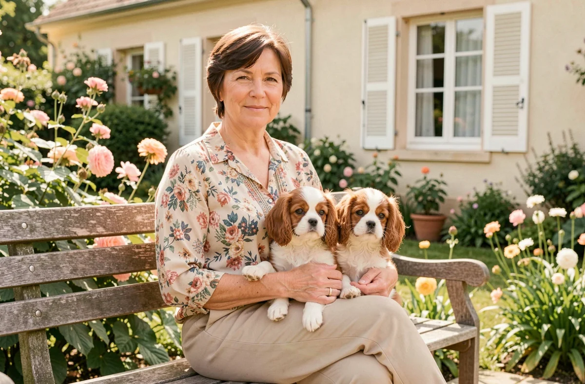 Oddon Myriam assise dans un jardin fleuri entourée de chiots cavalier king charles spaniels dans un cadre de maison française typique