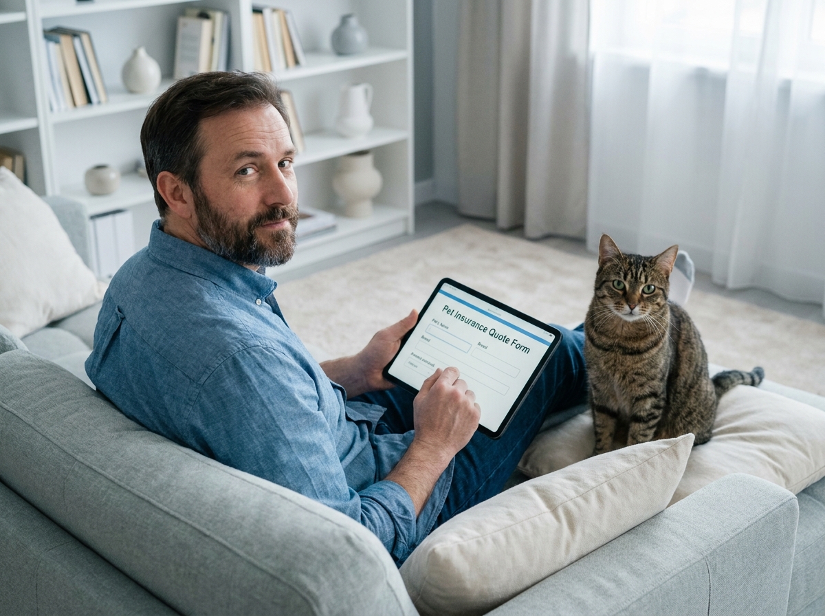 Homme consultant une offre d'assurance pour animaux de compagnie sur une tablette avec un chat tigré assis à ses côtés dans un salon moderne
