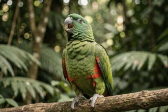 Perroquet vert et rouge perché sur une branche en forêt tropicale, bec ouvert en train de chanter