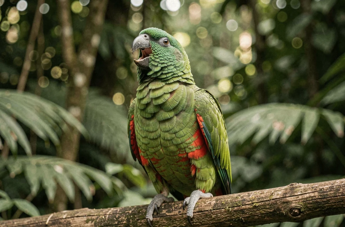Perroquet vert et rouge perché sur une branche en forêt tropicale, bec ouvert en train de chanter