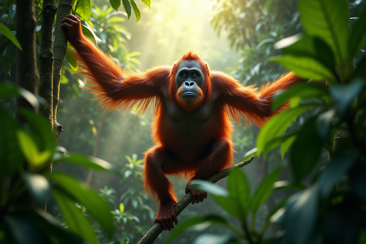 orang-outan grimpe dans la canopée de la forêt tropicale