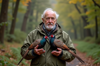 Ornithologue âgé comparant une pintade noire et une pintade royale