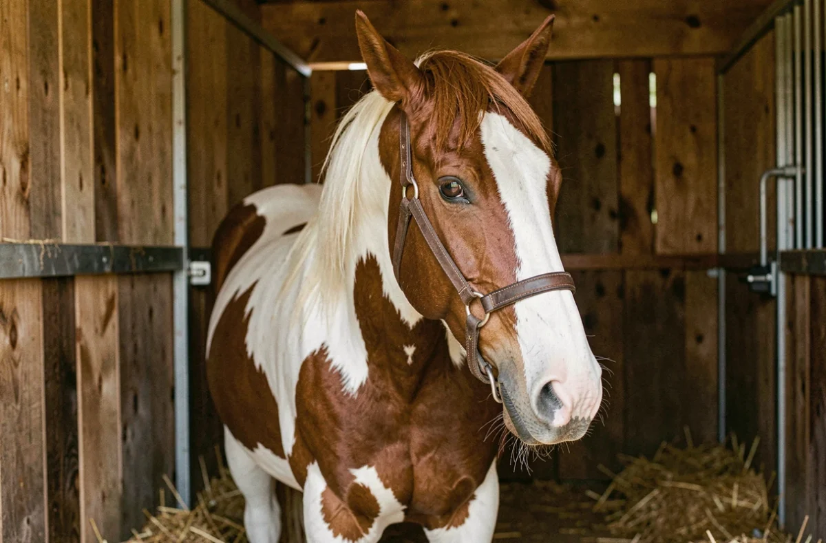 Paint Horse tobiano bai et blanc dans une écurie en bois rustique avec du foin doré au sol