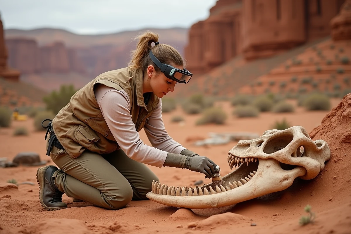 Paléontologue excavant une mâchoire fossile de dinosaure carnivore dans un canyon de grès rouge