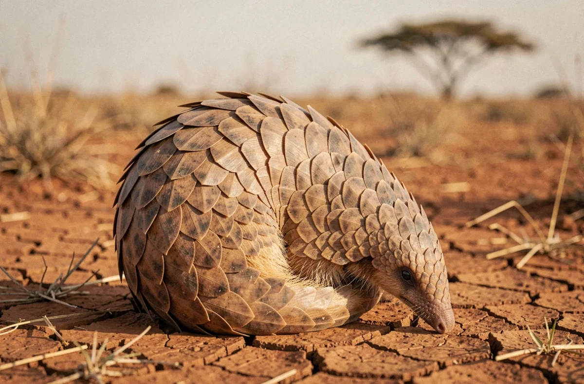 Pangolin en boule sur sol rouge de savane africaine, ses écailles kératinisées en détail ultra-réaliste dans un environnement aride naturel