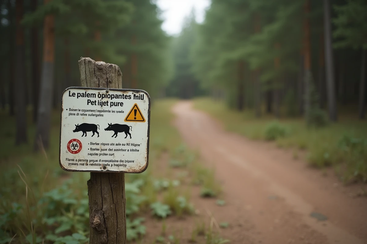 Panneau d'information sanitaire en forêt avertissant les randonneurs des risques liés aux déjections de sanglier et à la faune sauvage