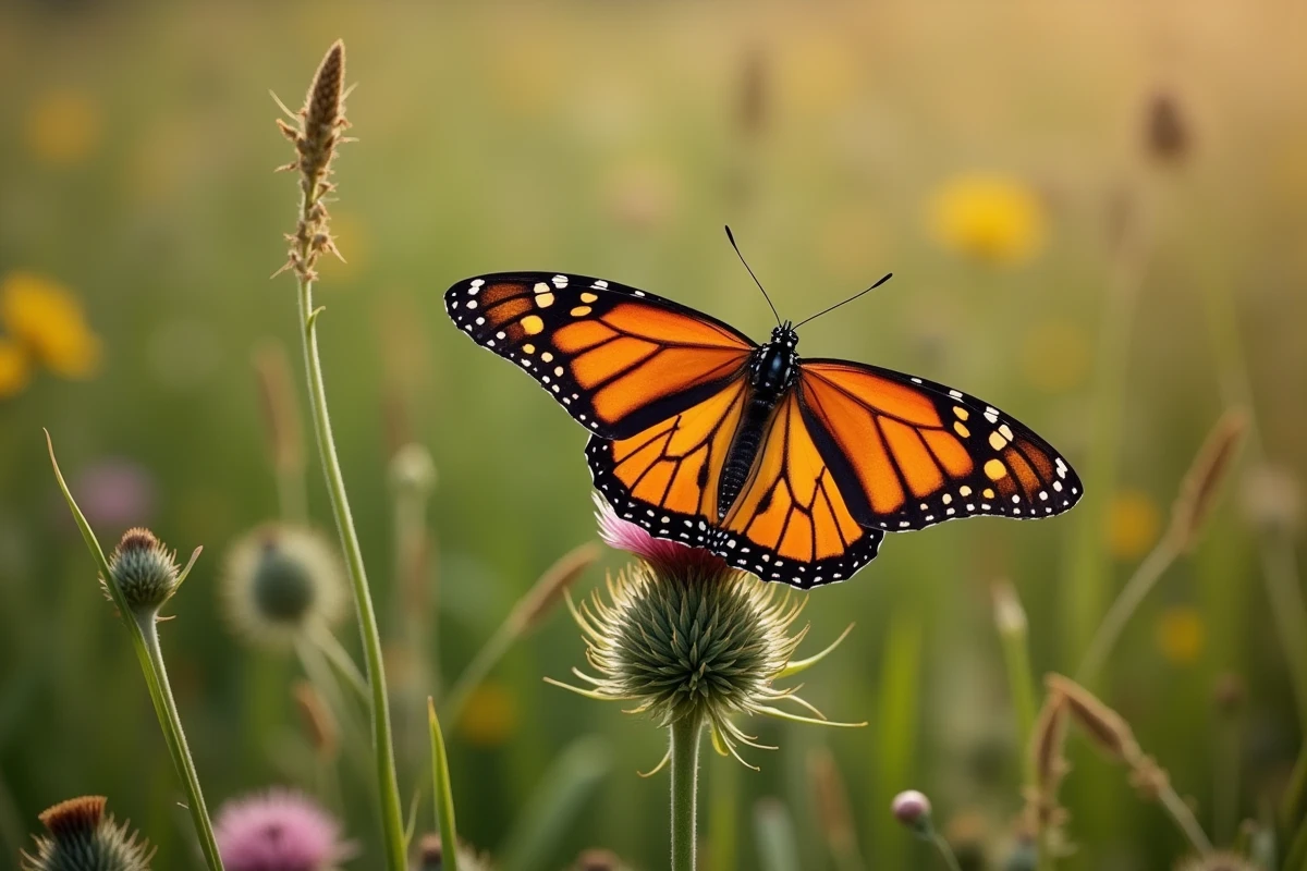 Papillon monarque aux ailes déployées posé sur un chardon sauvage dans une prairie fleurie, photo réaliste d'insecte pollinisateur