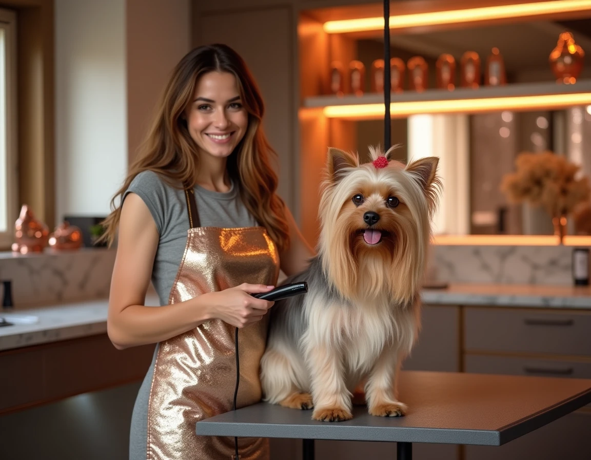 Toiletteuse de Pattes de Stars au Havre brossant le pelage soyeux d'un Yorkshire terrier