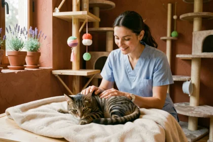 Chatte tigrée se reposant dans une pension pour chats en Occitanie avec une soignante bienveillante