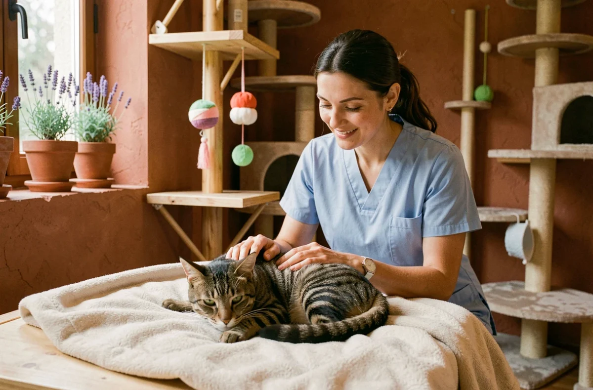 Chatte tigrée se reposant dans une pension pour chats en Occitanie avec une soignante bienveillante