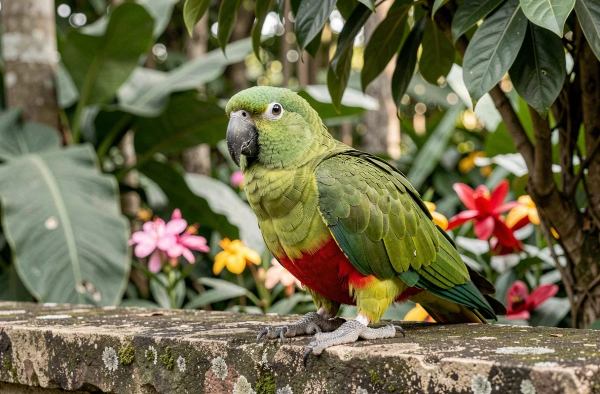 Perroquet éclectus vert et rouge posé sur un mur de pierre dans un jardin botanique tropical