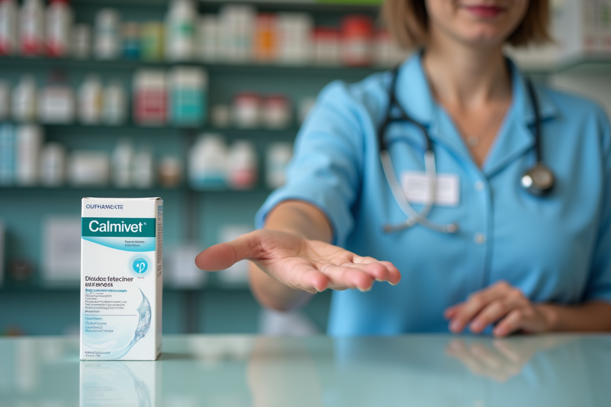 Pharmacien français présentant un produit Calmivet