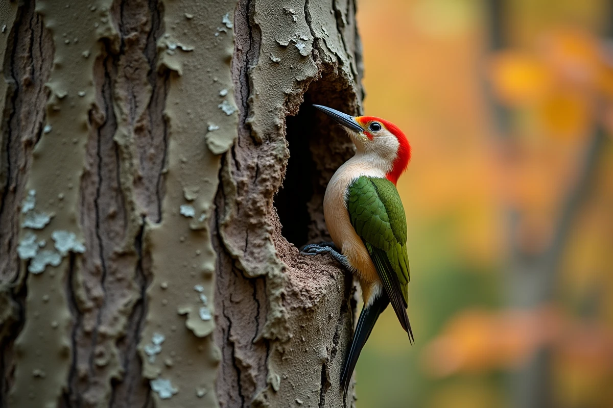 Pic vert à l'entrée de sa cavité dans un arbre feuillu en automne, tête tournée vers l'objectif révélant sa couronne rouge et son bec entrouvert